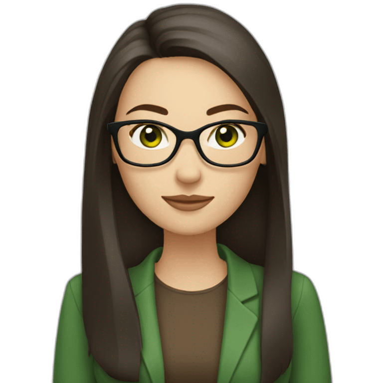 White woman with long dark brown straight hair and green eyes using glasses writing emoji