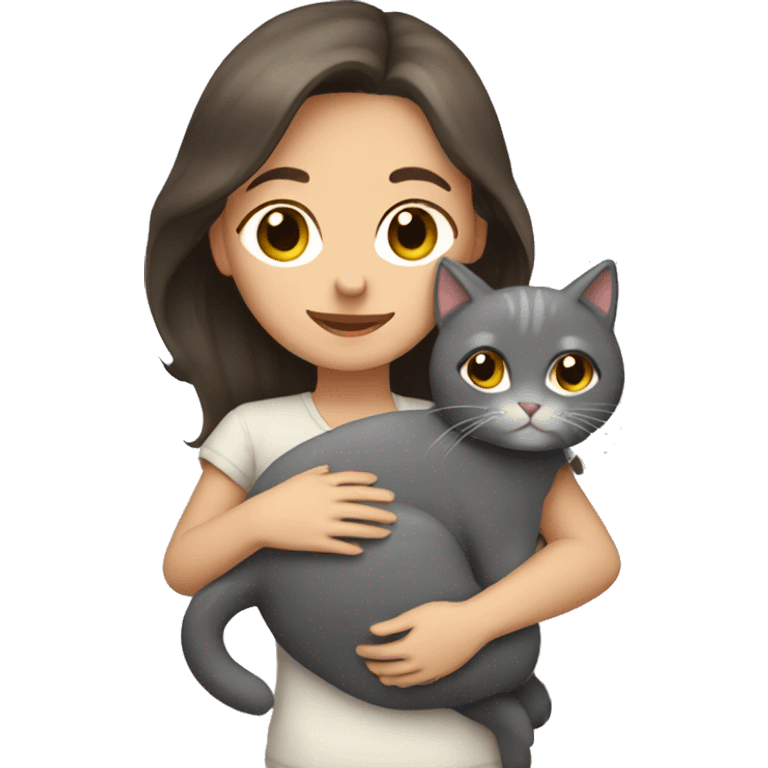 Brunette girl hugging gray cat emoji