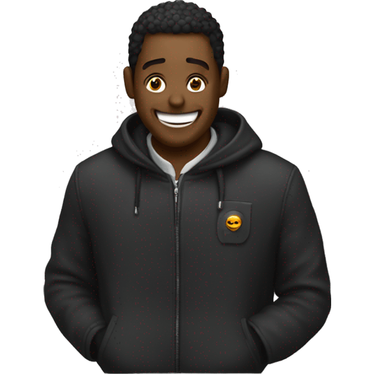 Persona encapuchada con una chaqueta negra riendo  emoji