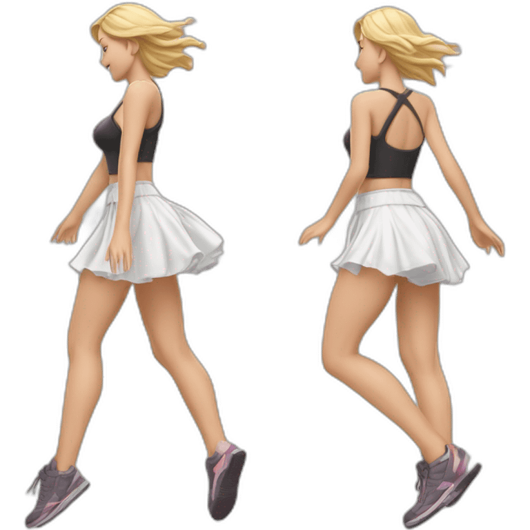 hyperrealistic-full-body-caucasian-curvy-beauty-jumping-small white-skirt-back-and-front-views-strong-wind-knickers emoji