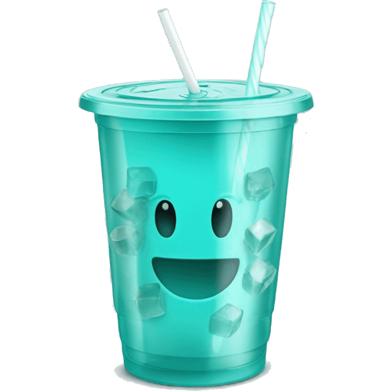 Realistic plastic cup and lid with Transluscent turquoise and large ice cubes inside and one straw through the top of the lid. emoji