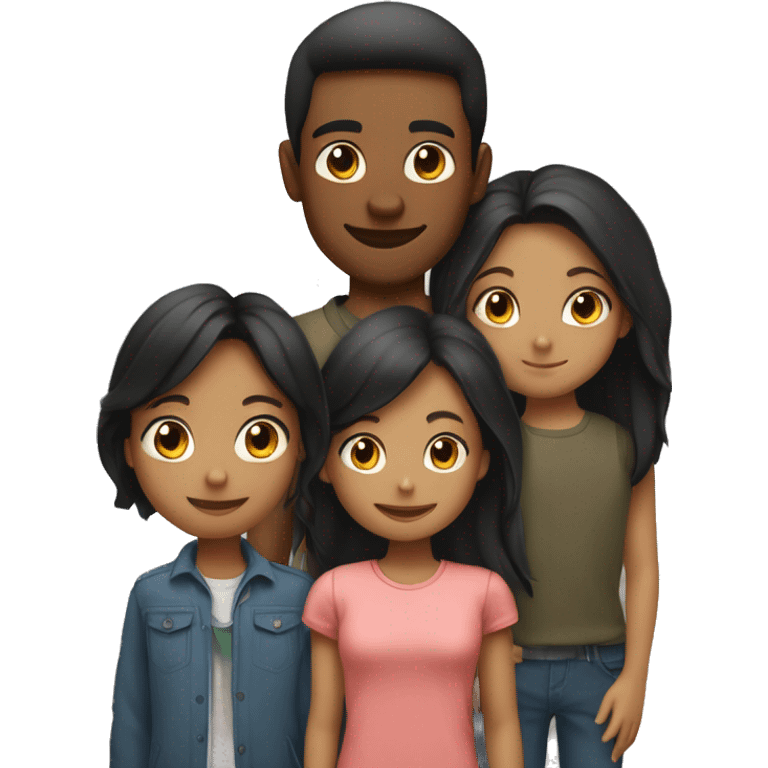 An emoji of a loving brother and sister standing side by side, the sister being short with long straight hair, and the brother tall with black hair styled upward, broad shoulders, and both showing warm smiles emoji