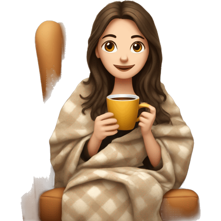 Brunette white girl covered in blanket autumn vibe sitting on a cozy chair holding coffee,  emoji