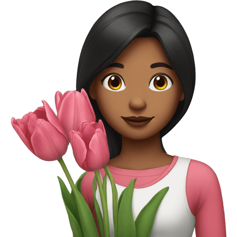 Girl with dark hair take a tulips emoji