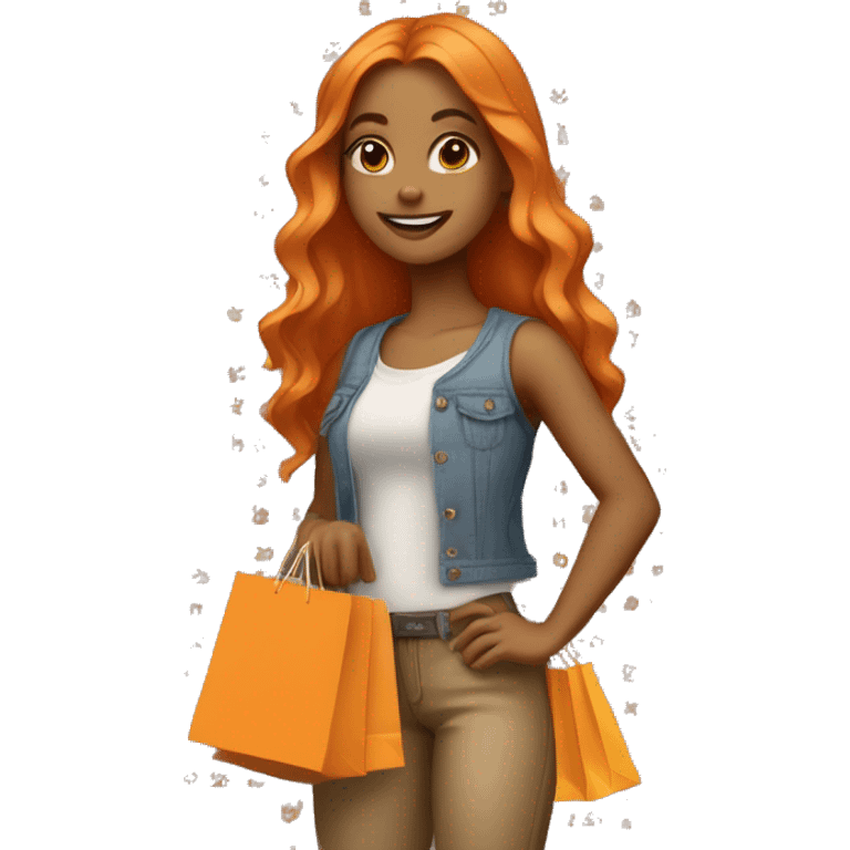 Tan girl with long orange hair wearing cute outfit holding shopping bags emoji