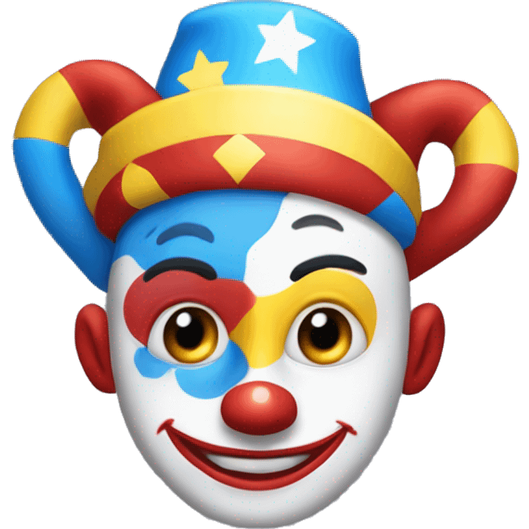 Design an animated harlequin clown character with a blue, red, and yellow outfit, a typical hat with yellow balls on the tips, a white face with rosy cheeks, large eyes with star-shaped pupils, and a mischievous smile emoji