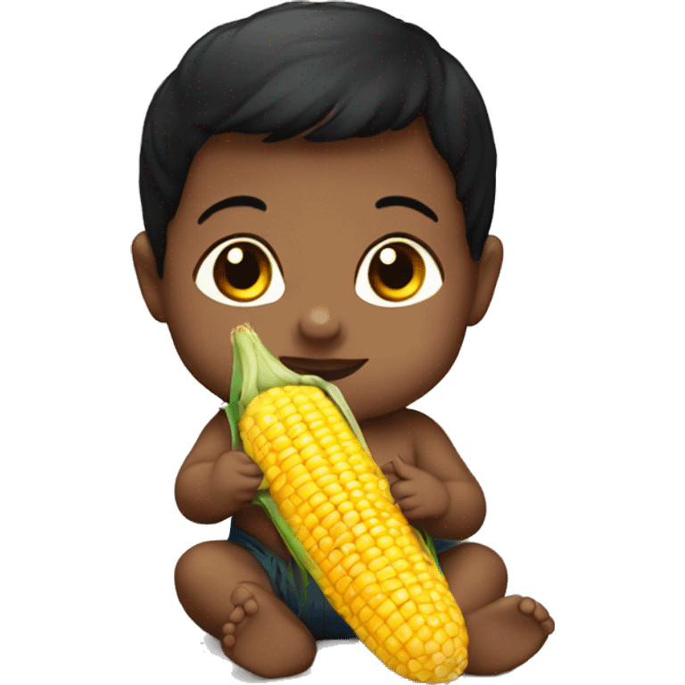 Dark haired baby holding a corn emoji