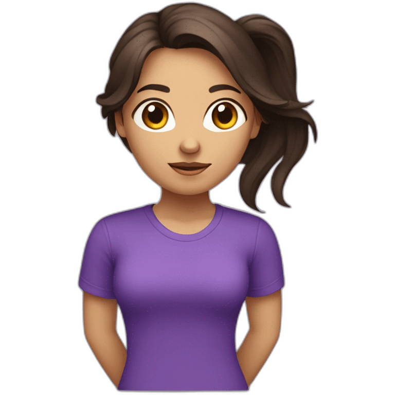 young women,dark long brown hair,using purple tshirt whith letters "4tech emoji