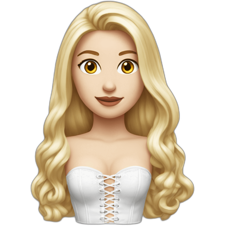 hyperrealistic caucasian blonde female, long straight hair, white lace-up bustier, from mid thigh to top view emoji