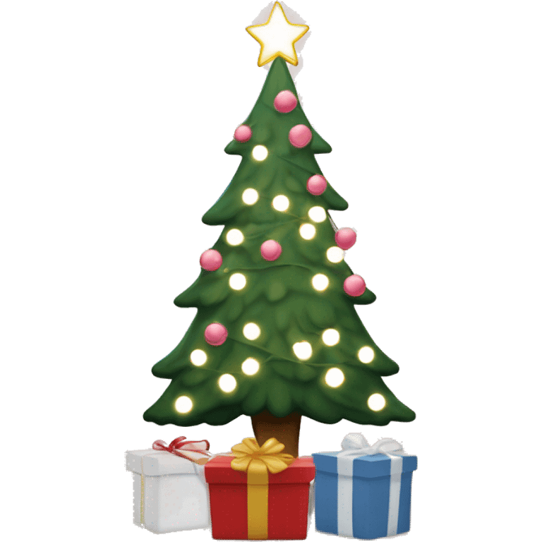 A Christmas tree with white lights and Christmas presents with light rose and white colors and patterns under neath it  emoji