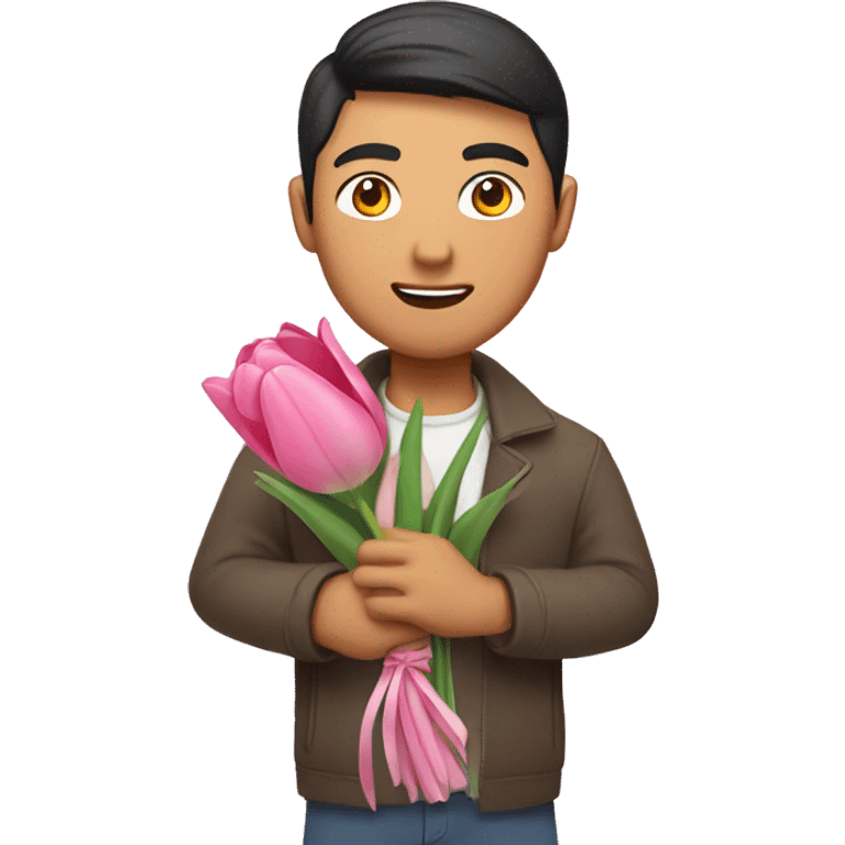 Asian guy holding pink tulip bouquet  emoji