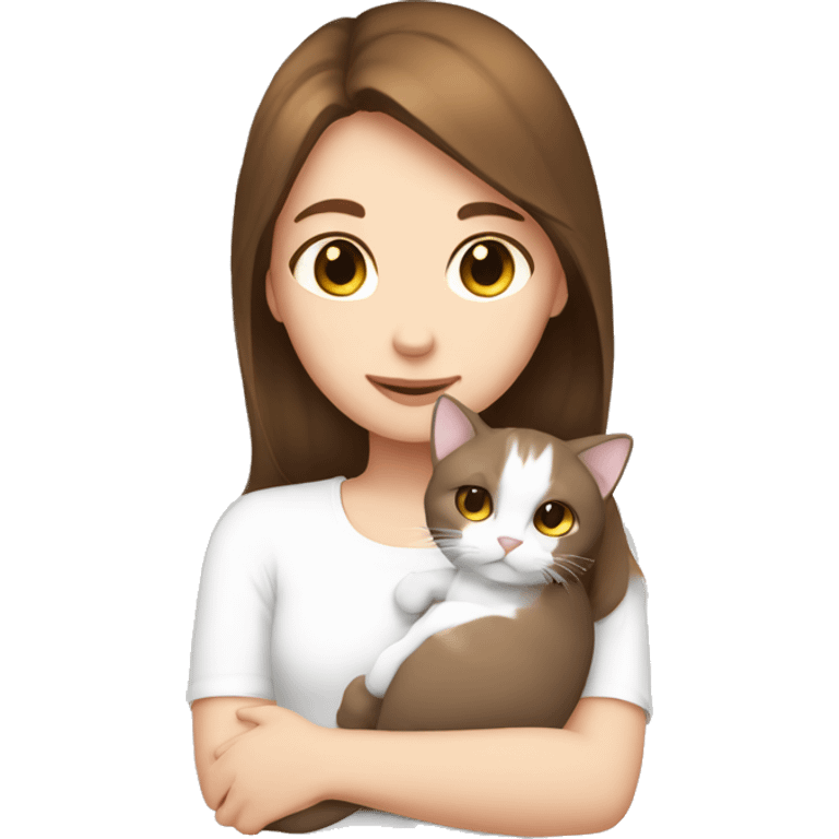 Girl brown hair cuddling white cat  emoji