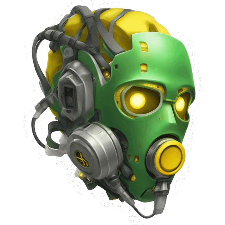 Green skin cyborg head with dark yellow Mohawk, white respirator mask and circuitry emoji