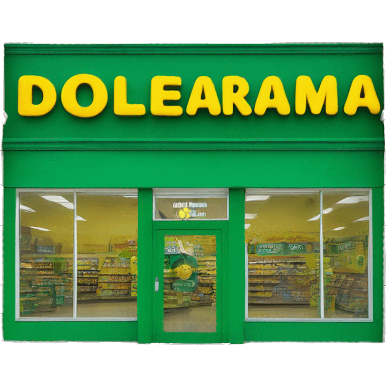 “Exterior of a Dollarama store with the bright green facade, bold yellow Dollarama sign, large front windows, and entrance doors, capturing the look of a budget-friendly retail store.” emoji