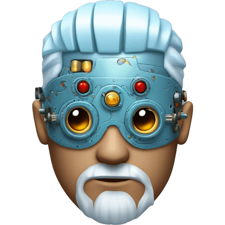  Short light blue haired male cyborg head with light blue beard, red steampunk goggles and circuits emoji