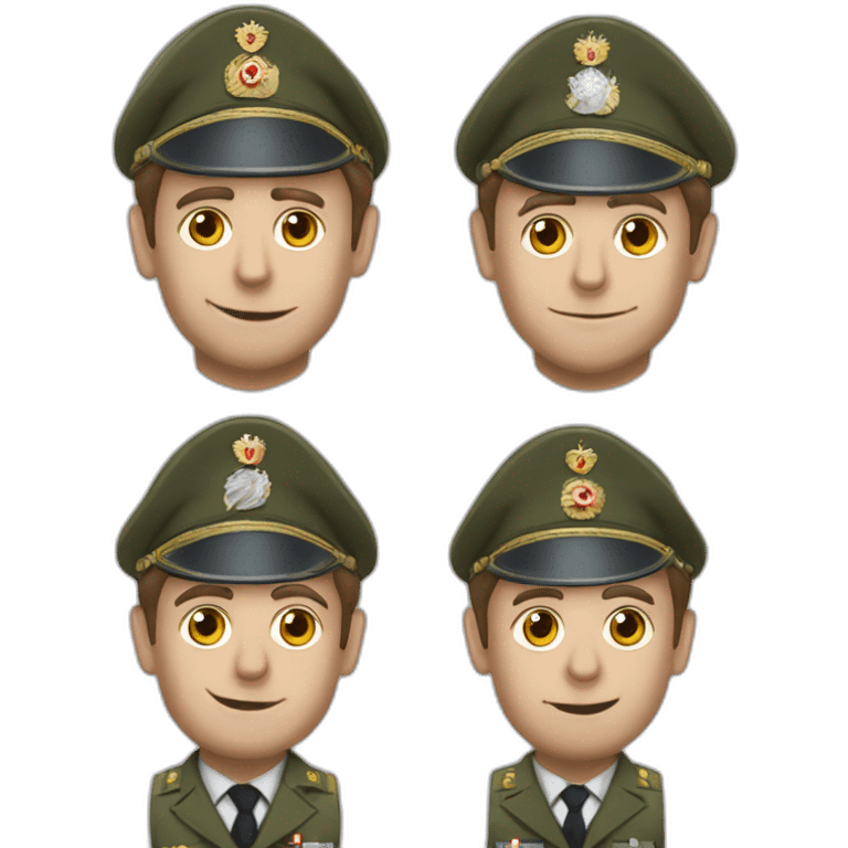 Emmanuel Macron dictateur en tenue militaire avec un aire sérieux emoji