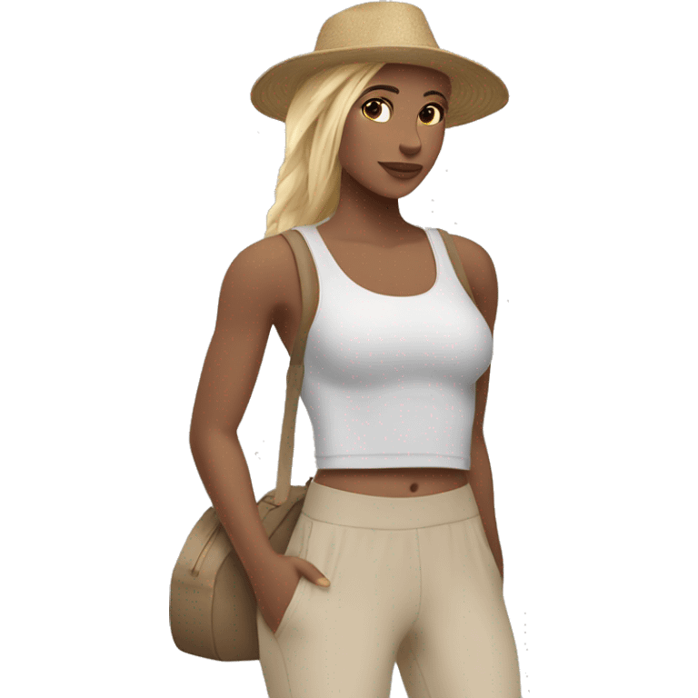 A woman ￼wearing a hat and a workout outfit with straight long hair with brown and blonde hair.  emoji