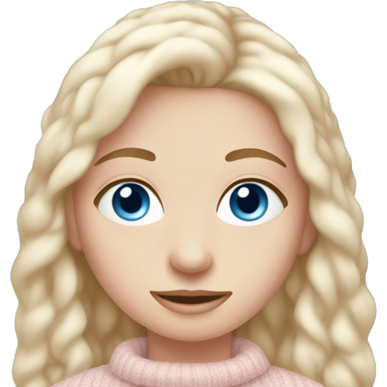 Pretty blue eyed white girl with light pink sweater reading cozy emoji