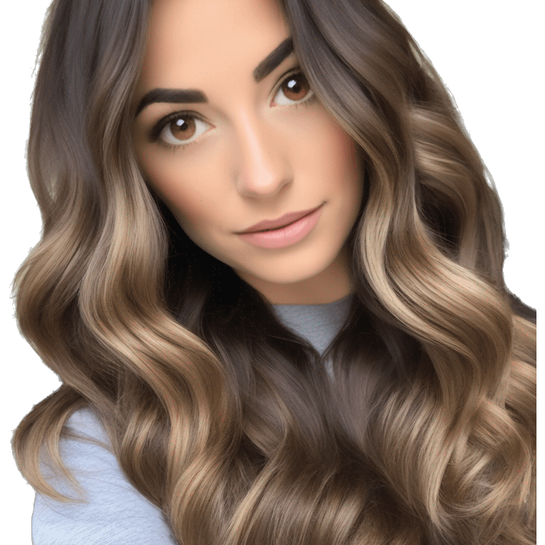 White girl brown eyes with medium length voluminous brown hair with brown highlights balayage spa emoji