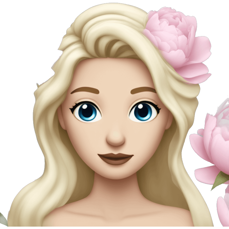 White bride with long light blonde hair and blue eyes with light pink peonies in hair white skin  emoji