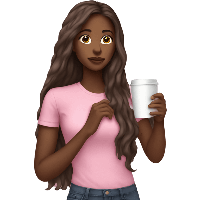 Very long hair pretty brown girl sipping coffee pink shirt emoji