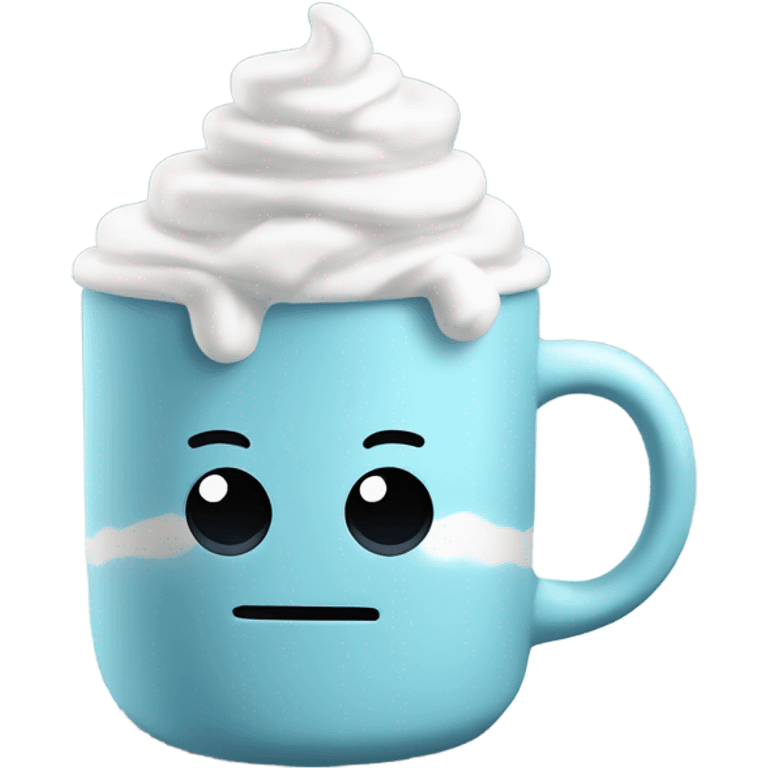 Light blue mug of hot chocolate with marshmallows and whip cream emoji