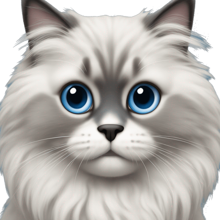 Light grey fluffy ragdoll kat with grey face and black nose with a white chin and blue eyes emoji