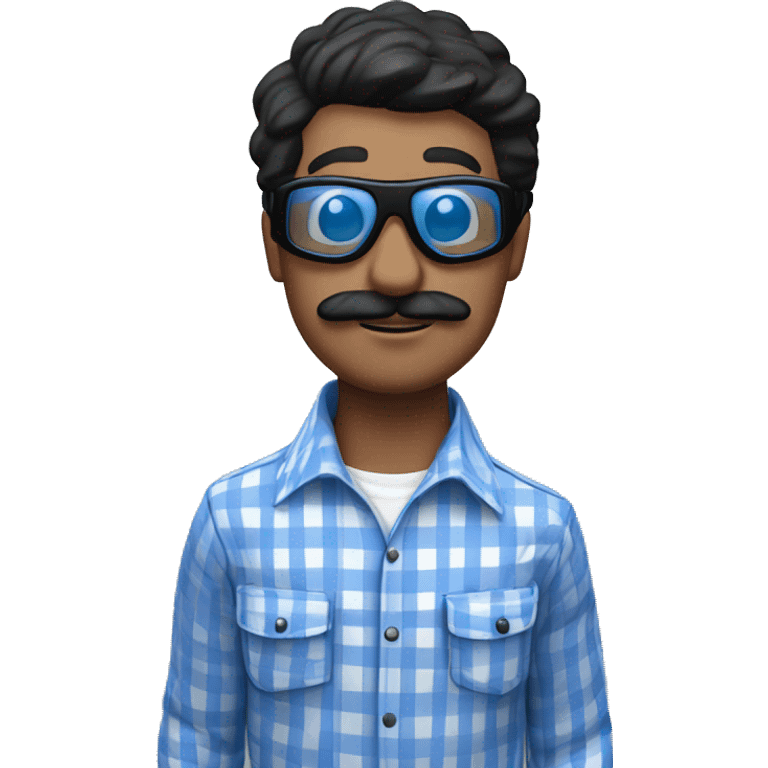 White man with straight black hair and thick black mustache, wearing a buttoned up blue and white gingham shirt and black skydiving goggles emoji