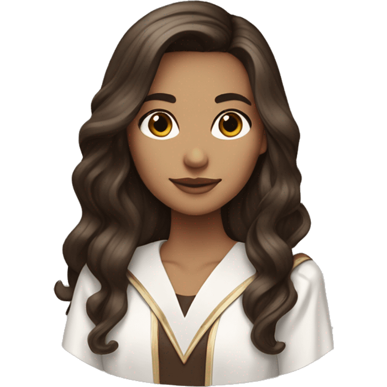 Brunette girl with long voluminous dark brown hair  dark brown eyes with blonde highlights balayage and graduation outfit emoji