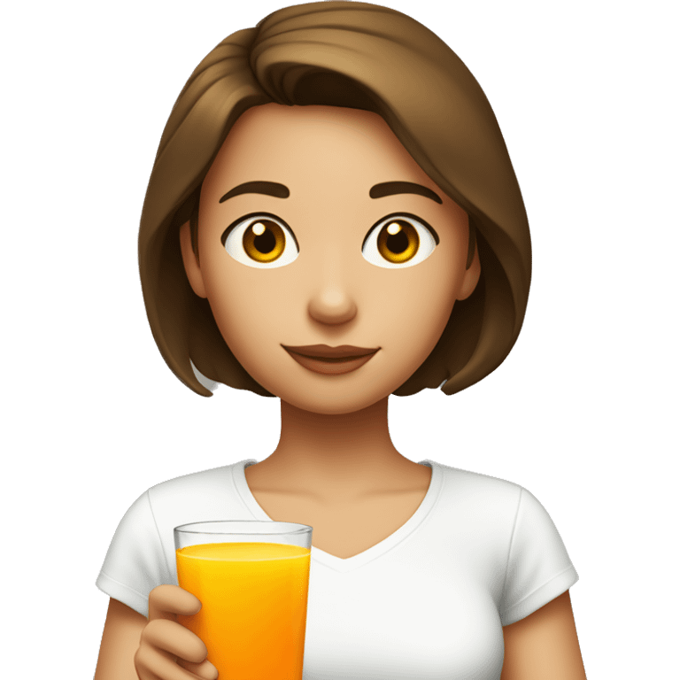 A girl with short brown hair wearing a white t-shirt, drinking orange juice and a glass emoji