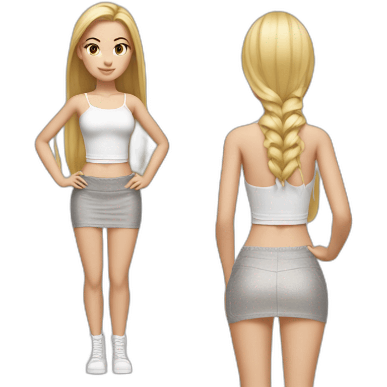 hyperrealistic caucasian female, long straight blonde hair, white lace up crop top, grey mini tight skirt, body view emoji