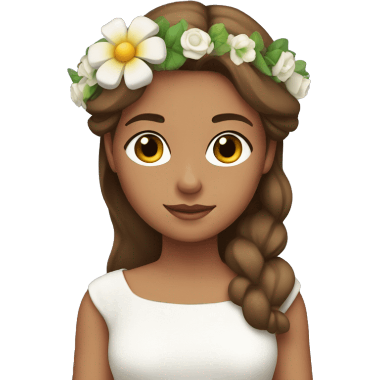 A girl with brown hair and taned skin wearing a white dress with flowers crown  emoji