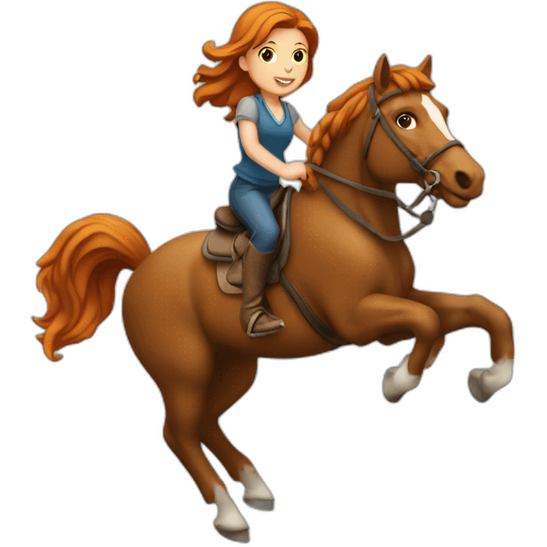 Fille rousse sur un cheval qui saute un obstacle emoji