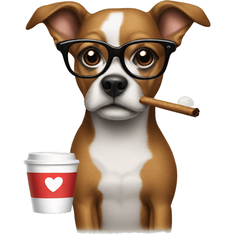 Dog with glasses and a coffe smoking a j emoji