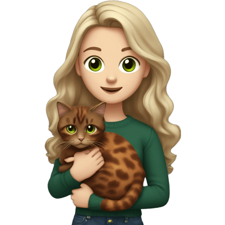 White girl with green eyes and long wavy brown hair holding a tortoiseshell cat and wearing a dark red sweater with dark jeans emoji