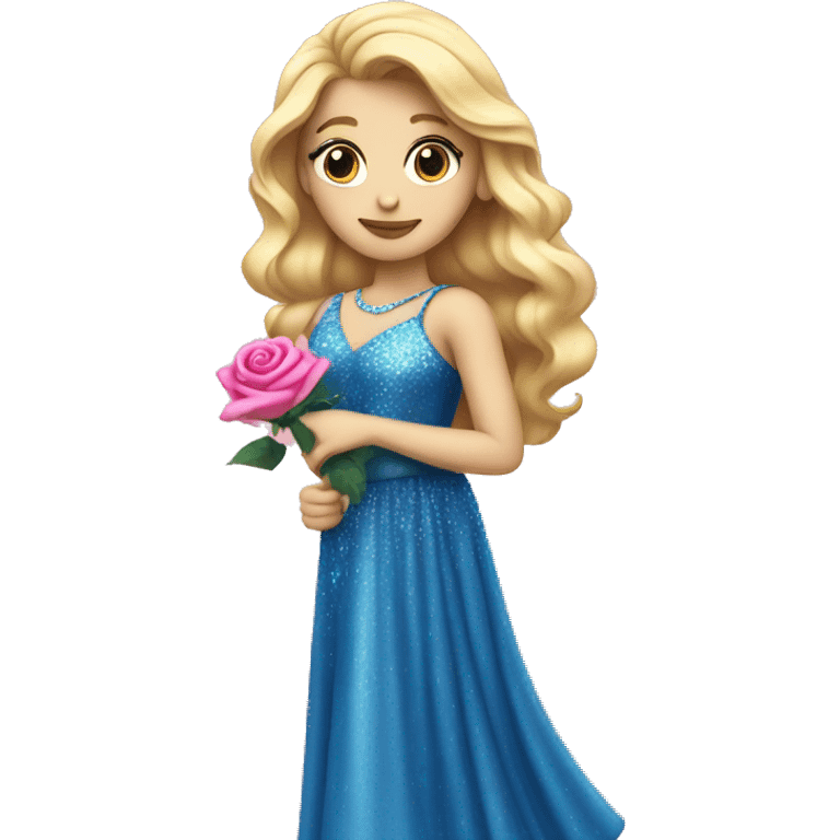 Blonde princess in a blue sparkly dress holding a pink rose emoji