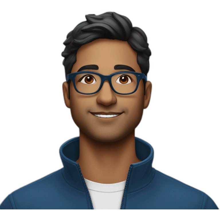 29 year old indian tech founder clean shaven in blue quarter zip with black and white tortoiseshell glasses emoji