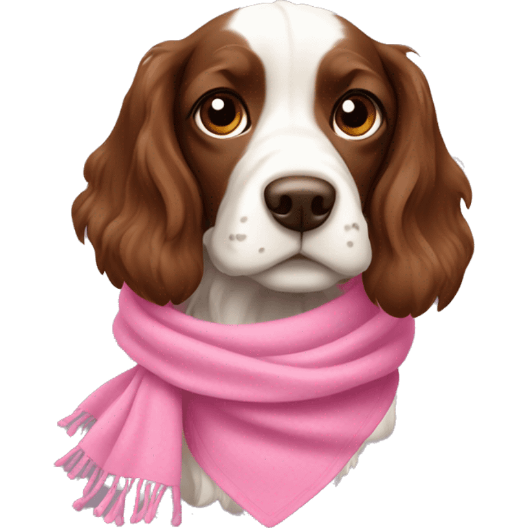 White and brown Russian hunting spaniel wearing pink scarf emoji