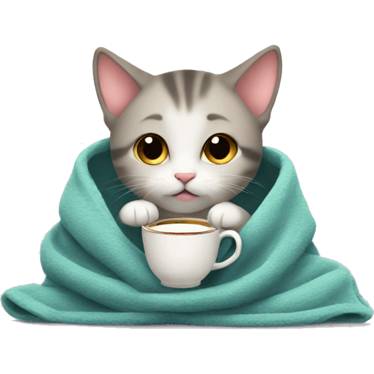 A kitten in a warm blanket is drinking tea emoji