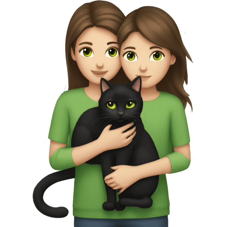 Brown hair and brown eyes girl cuddling green eyes black cat emoji