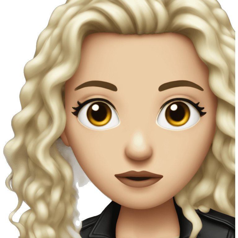 White girl, with long curly black hair,  wearing black shirt and black leather jacket, rolling her eyes annoyed emoji