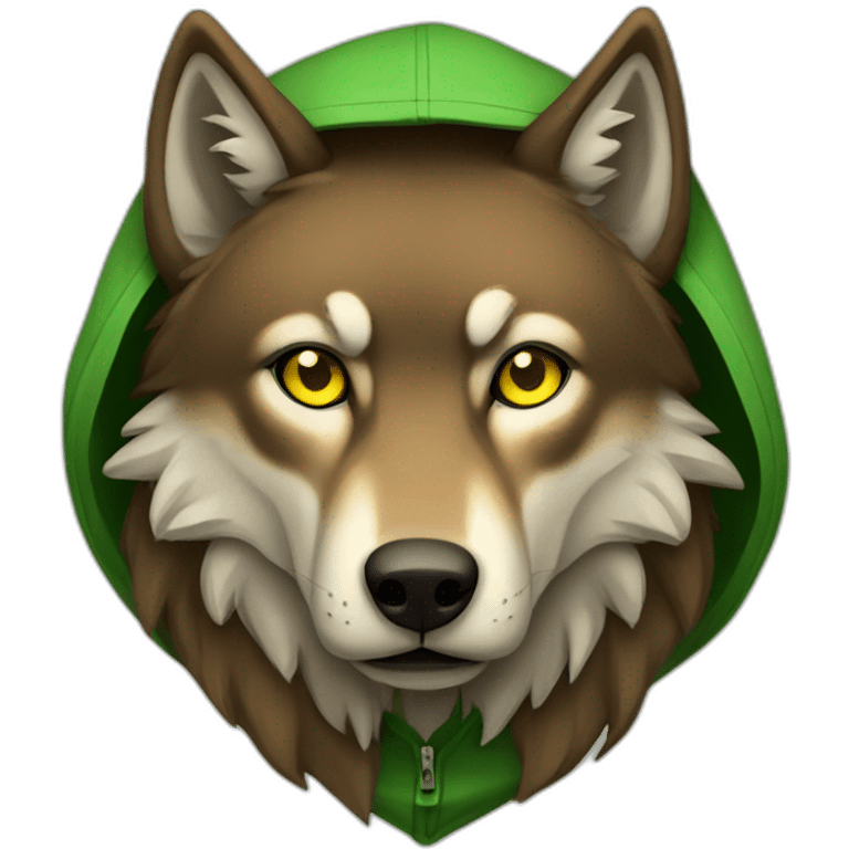 brown wolf with yellow eyes and a green hood that sadly emoji