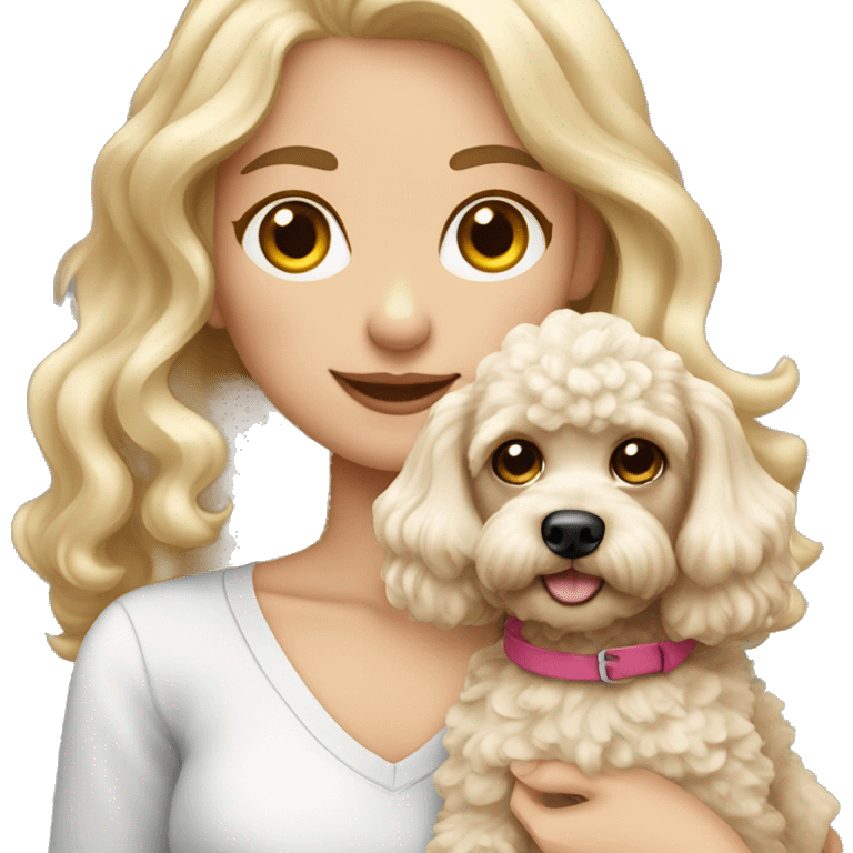 White blonde long wavy hair girl holding a cute toypoodle dog with short ears wavy fur emoji