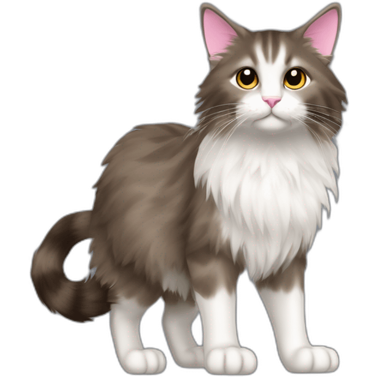 grey and brown norweigian forest cat walking profile furry bushy tail long whiskers furry and fluffy white front and back paws eyes a pink dark brown edged nose small triangular ears emoji