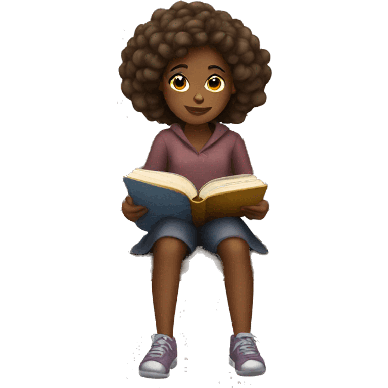 Brown skin girl sitting on a bench reading a book emoji