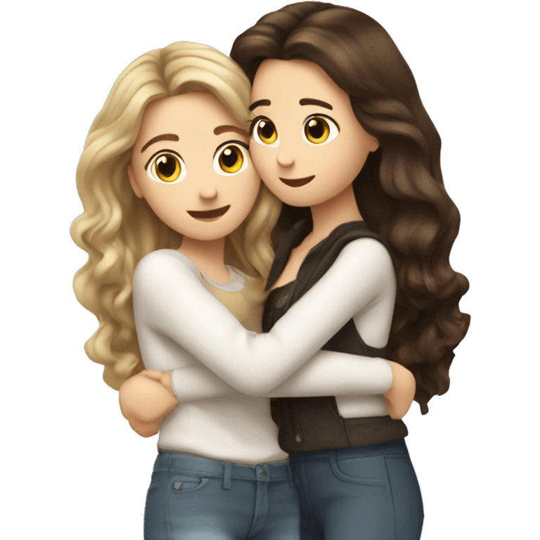 two Caucasian brunette pretty girls hugging with blown out hair emoji