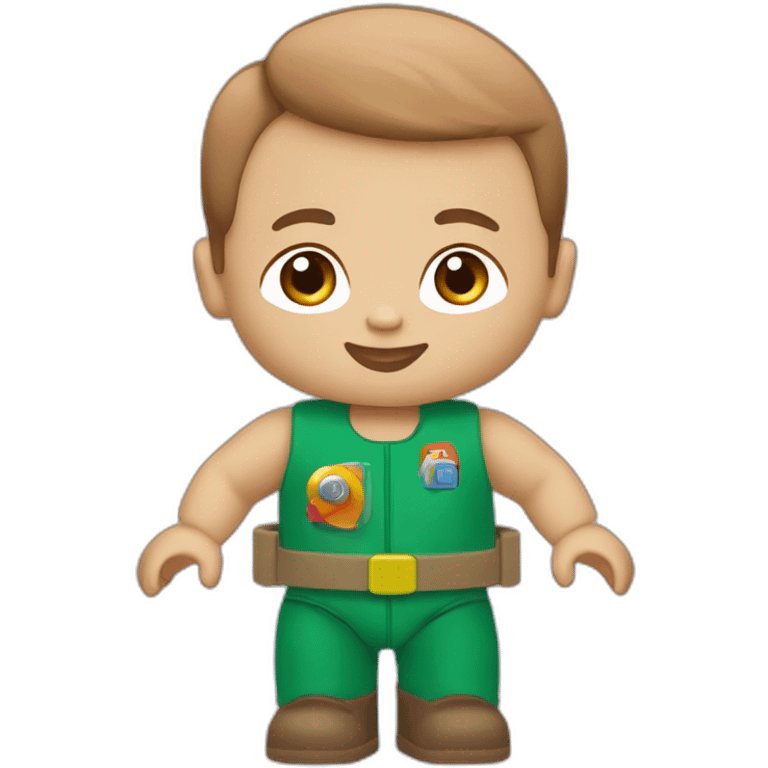 Caucasian baby boy, brown air playing with duplo starship emoji