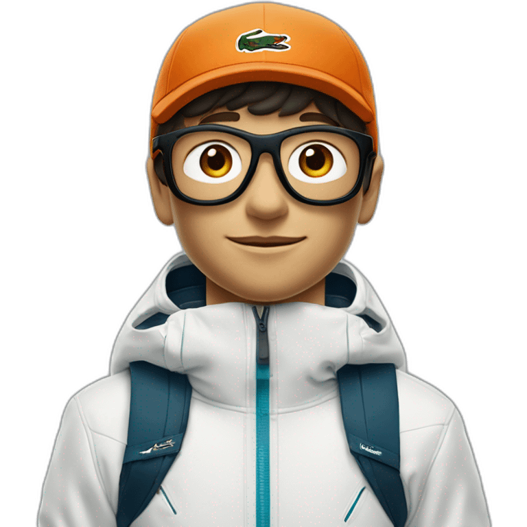 Un garçon blanc qui porte das lunettes de ski, il a les cheveux noirs, un survetement de lacoste et une casquette nike emoji