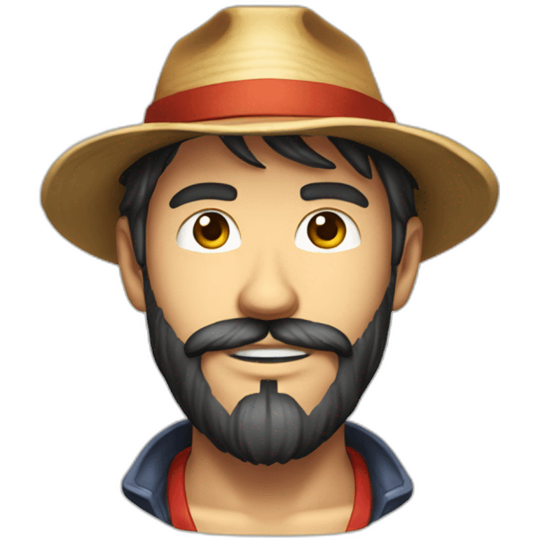 confident bearded man portrait, visage un peut plus rond avec le chapeau de luffy et tenant une manette de console dans sa main droite  emoji