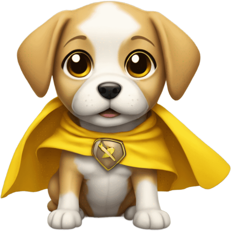 a cute hero puppy posing as a hero with a yellow cape emoji